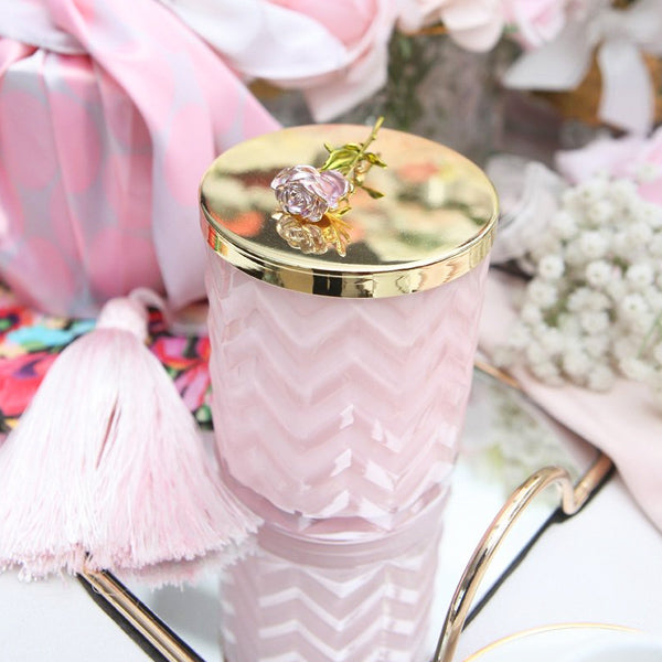 Herringbone Candle With Scarf - Pink & Pink Rose Lid